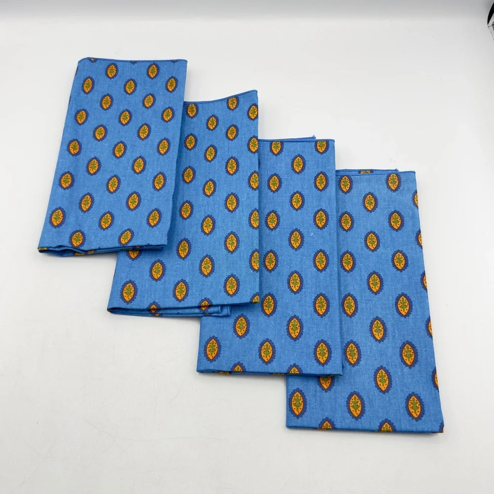 Set of 4 Made in France Blue Cotton Napkins Provencal Leaf Medallion 17x17